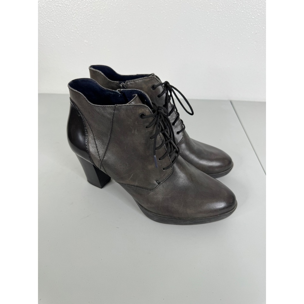 Tamaris Gray Black Leather Lace Up Ankle Boots Block Heel Side Zip Size 39